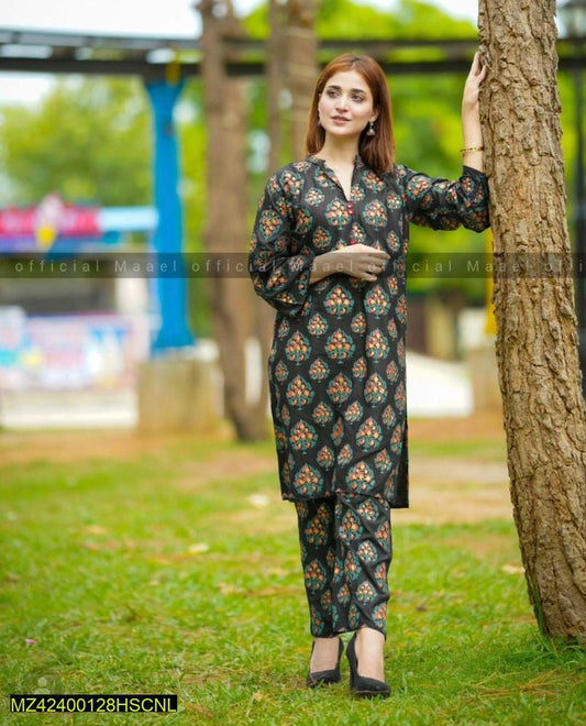 2 Pcs Woman's Stitched Lined Printed Suit